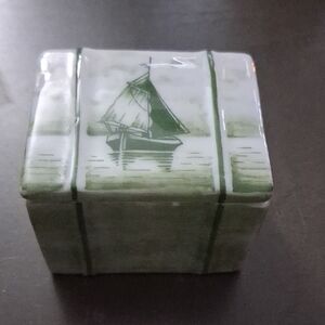 Vintage Green Porcelain Sailboat Trinket Box Made In Germany